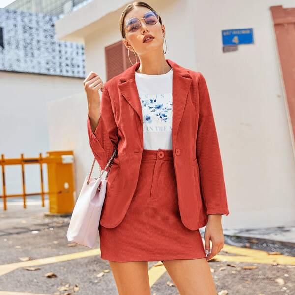 

Single Button Cord Blazer & Pencil Skirt Set, Orange bright