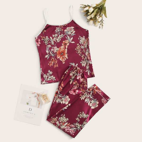

Floral Random Print Satin Cami PJ Set, Burgundy