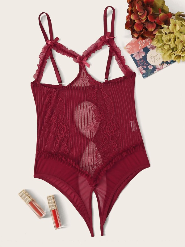 

Contrast Lace Sheer Mesh Crotchless Teddy Bodysuit, Burgundy