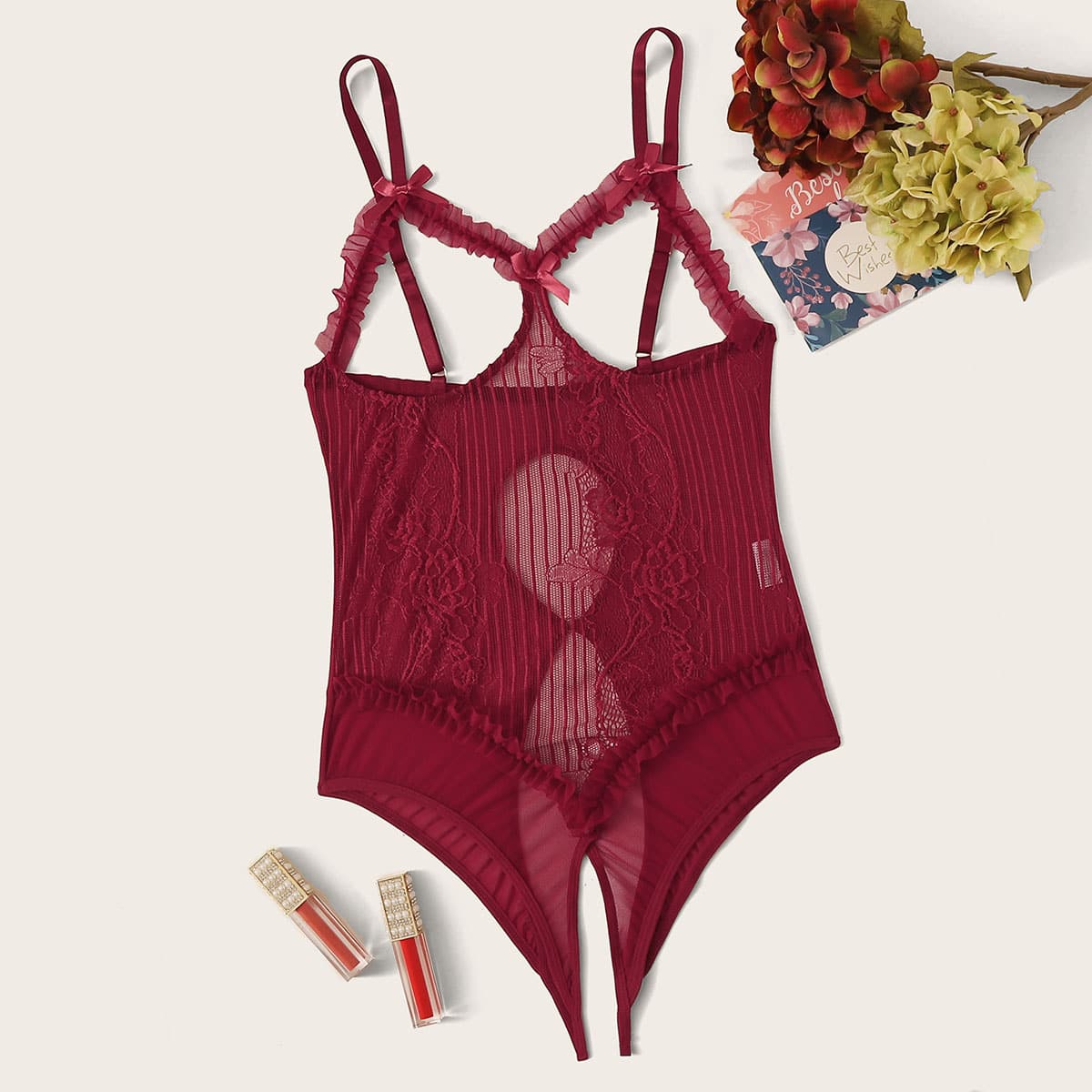 

Contrast Lace Sheer Mesh Crotchless Teddy Bodysuit, Burgundy