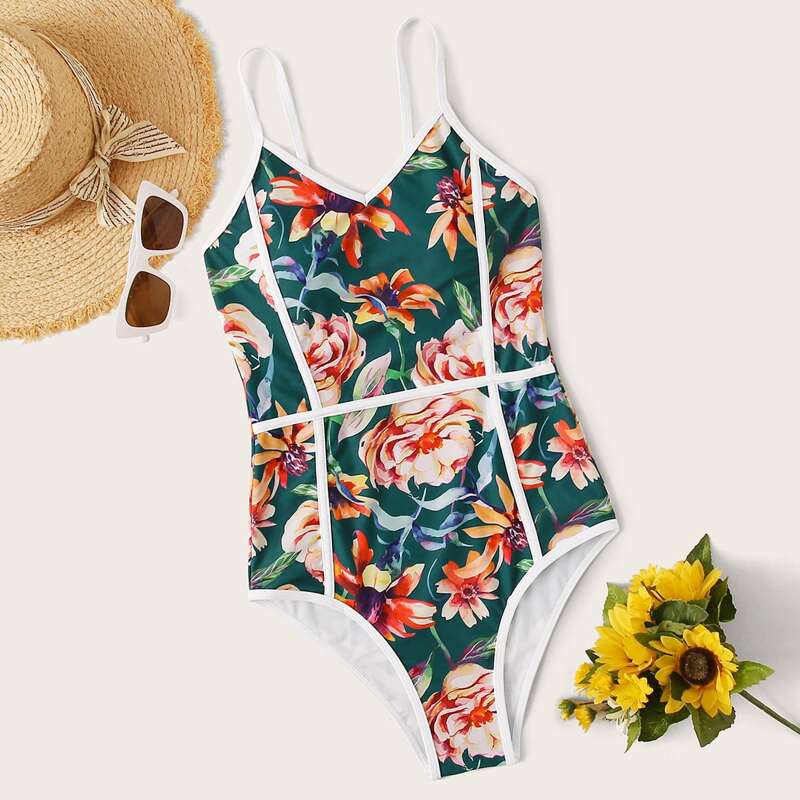 

Floral Print One Piece Swimsuit, Multicolor