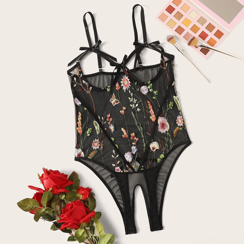 

Floral Embroidery Mesh Crotchless Teddy Bodysuit, Black