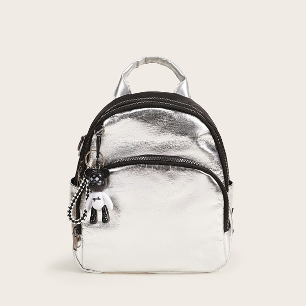

Bear Charm Metallic Curved Top Backpack, Silver
