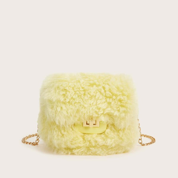 

Twist Lock Faux Fur Fluffy Chain Bag, Yellow pastel