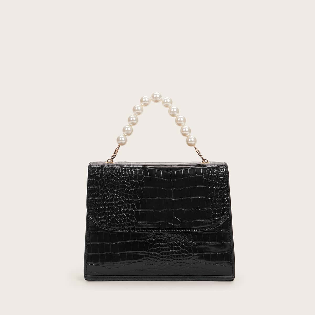 Image of Croc Embossed Satchel Bag With Faux Pearl Handle