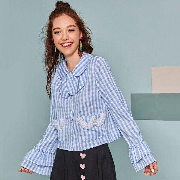 

Flounce Sleeve Gingham Print Blouse, Blue and white