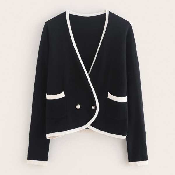 

Pocket Front Contrast Binding Cardigan, Black