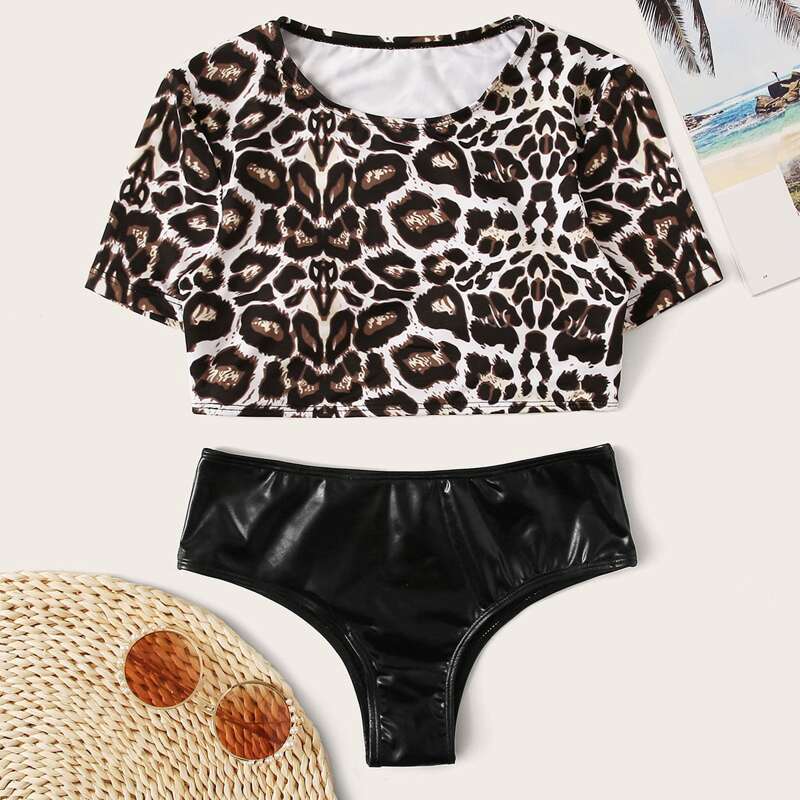 

Leopard Short Sleeve Top With PU Panty Bikini Set, Multicolor