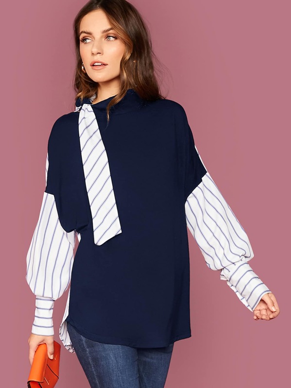 

Bishop Sleeve Knotted Neckline Striped Color Block Top, Multicolor, Zorana