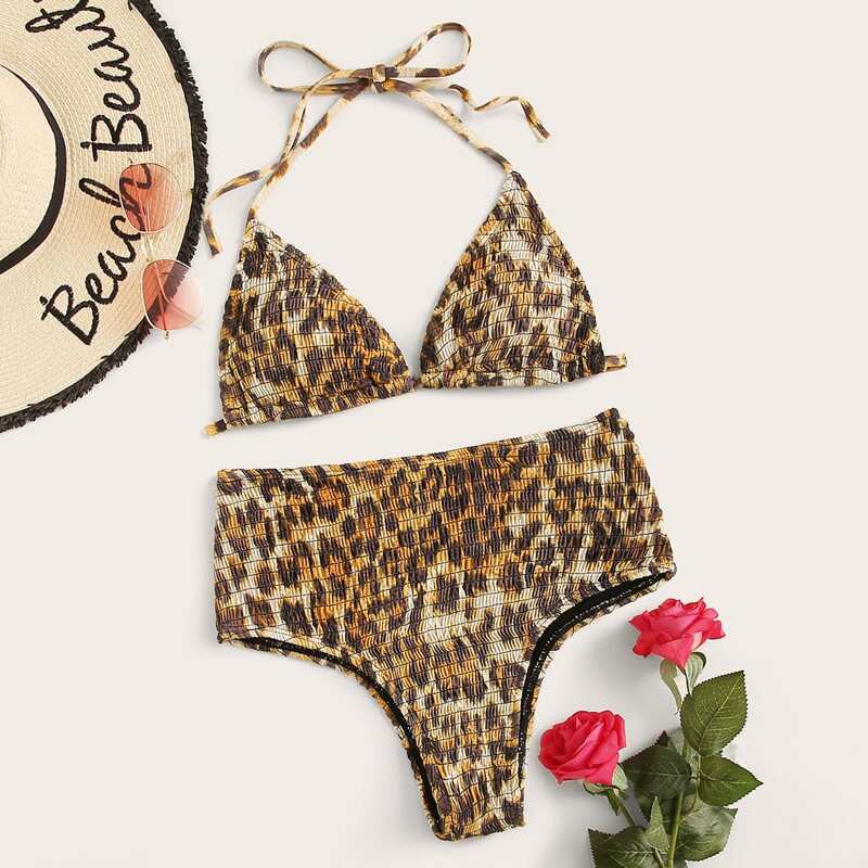 

Leopard Smocked Triangle Top With High Waist Bikini Set, Multicolor