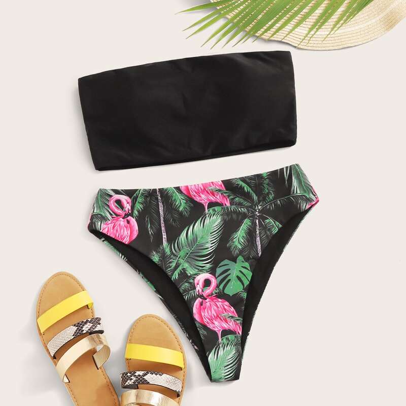 

Bandeau With Tropical High Waisted Bikini Set, Multicolor