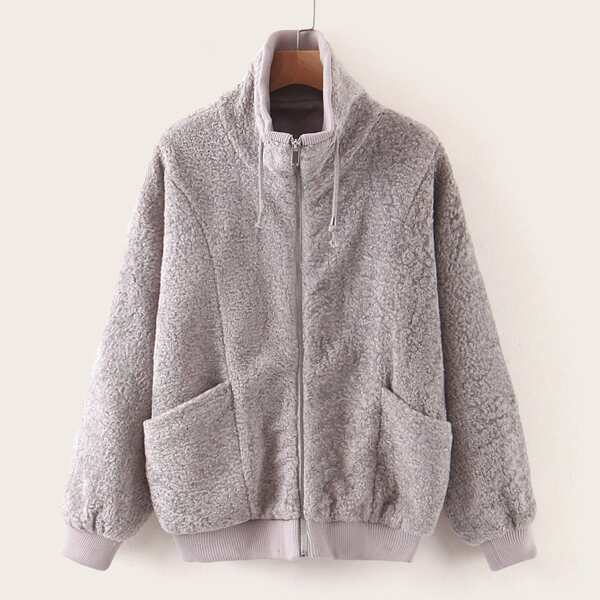 

Funnel Neck Drawstring Teddy Jacket, Grey