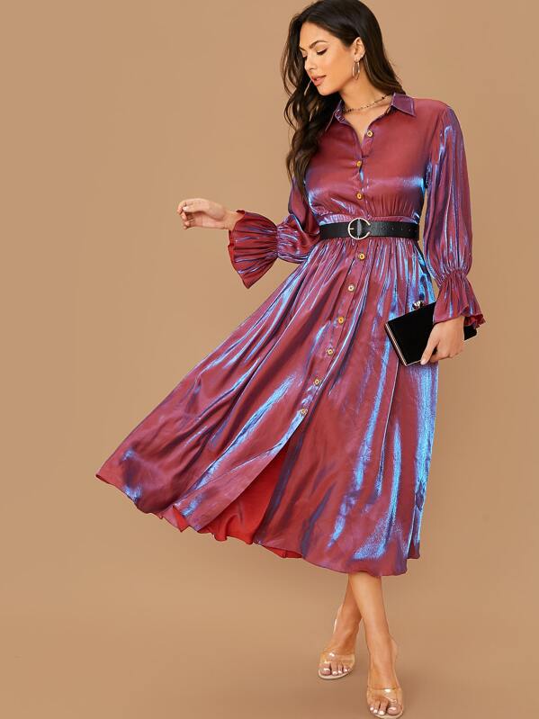 

Flounce Sleeve Holographic Metallic Shirt Dress, Multicolor, Christen Harper