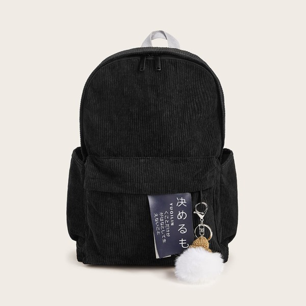 

Pom Pom Decor Corduroy Backpack, Black
