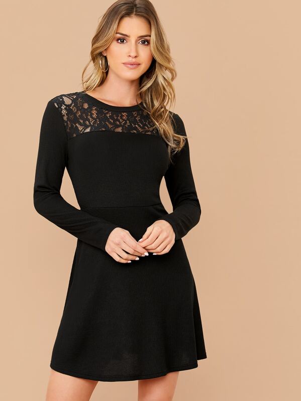 

Floral Lace Insert Rib-knit Dress, Black, Gigi Paris