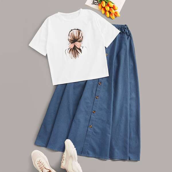 

Figure Graphic Tee With Button Front Skirt, Multicolor