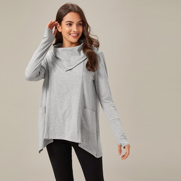 

Foldover Funnel Neck Asymmetrical Hem Thumb Hole Tee, Grey