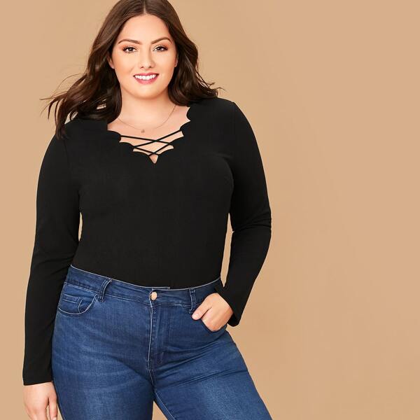 

Plus Scallop Crisscross V-neck Solid Tee, Black