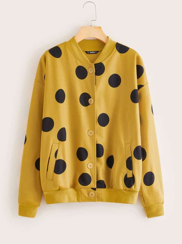 

Polka-dot Print Button Front Bomber Jacket, Yellow