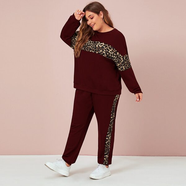

Plus Drop Shoulder Leopard Panel Pullover & Sweatpants Set, Burgundy