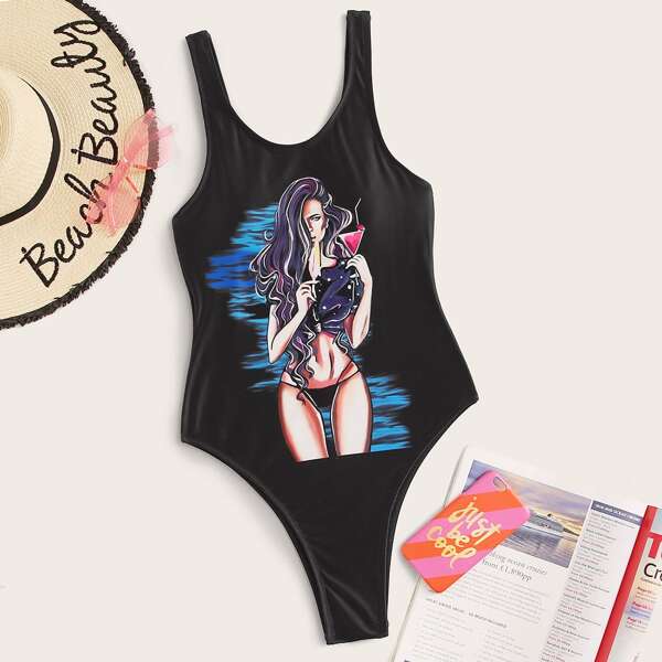 

Cartoon Girl Print One Piece Swimwear, Black