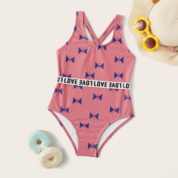 

Girls Letter & Geo Print One Piece Swimwear, Pink