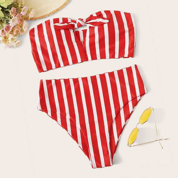 

Striped Knot Front Bandeau With High Waist Bikini Set, Red