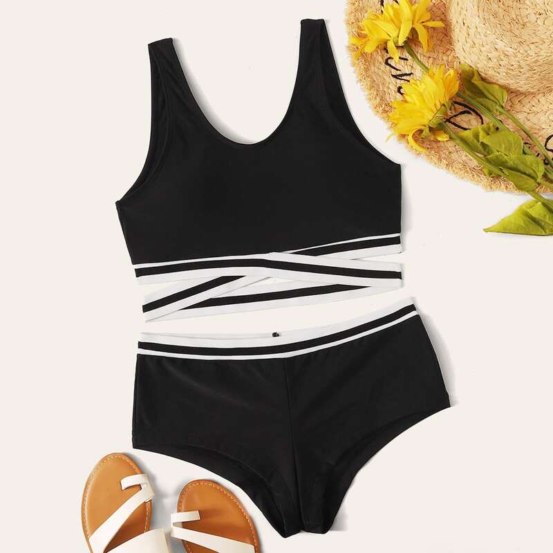 

Criss Cross Top With Shorts Bikini Set, Black