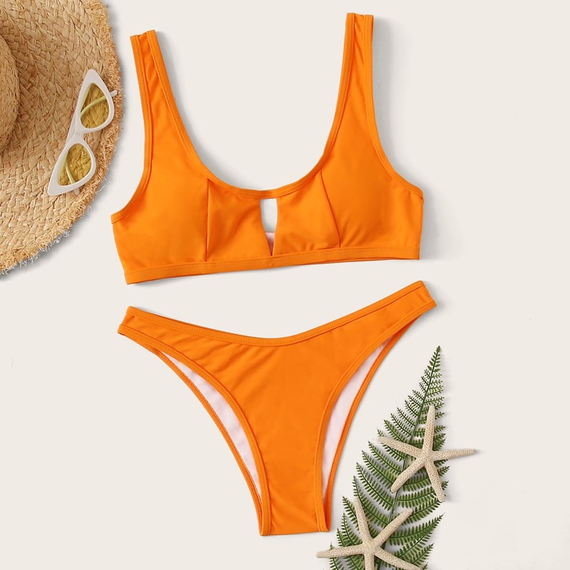 

Cut-out Detail High Cut Bikini Swimsuit, Orange neon