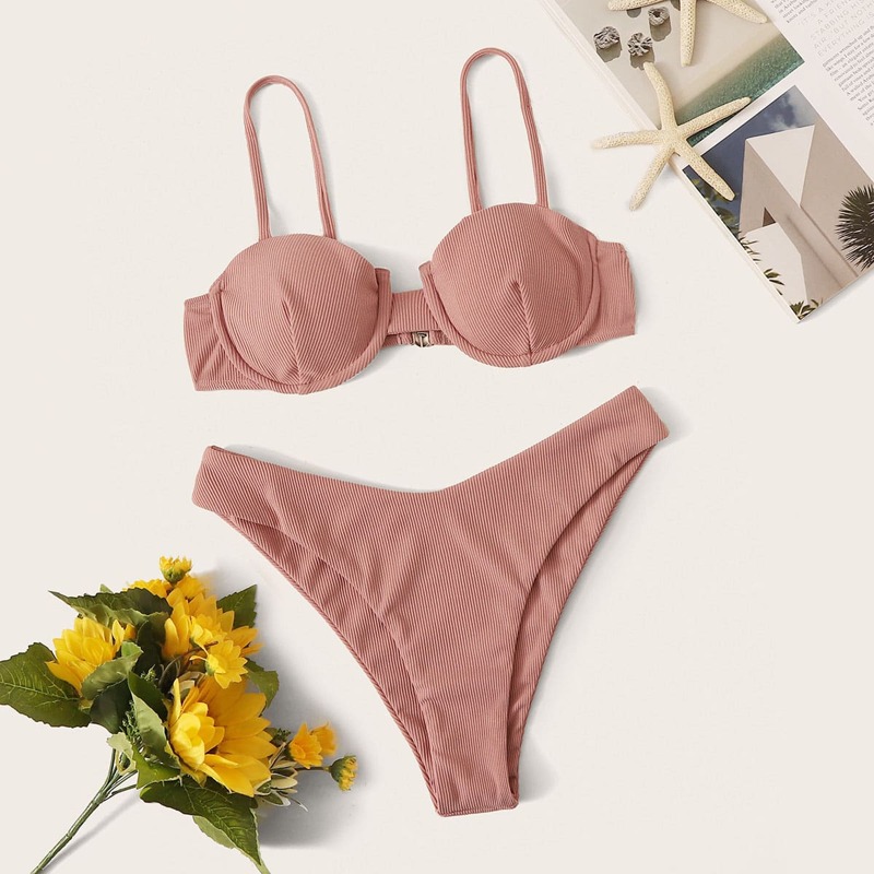 

Textured Underwire Top With High Cut Bikini Set, Pink