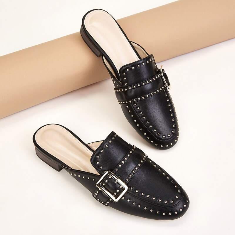 

Buckle & Studded Decor Flat Mules, Black