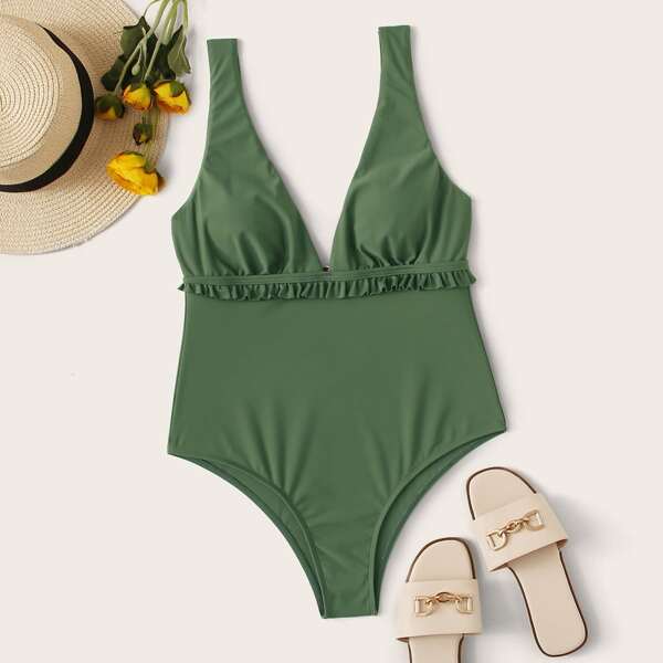 

Frill Trim One Piece Swimwear, Army green