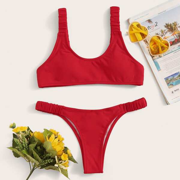 

Solid High Cut Bikini Set, Red