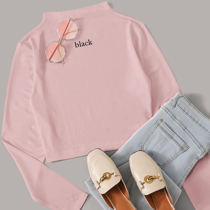 

Mock Neck Letter Graphic Tee, Baby pink