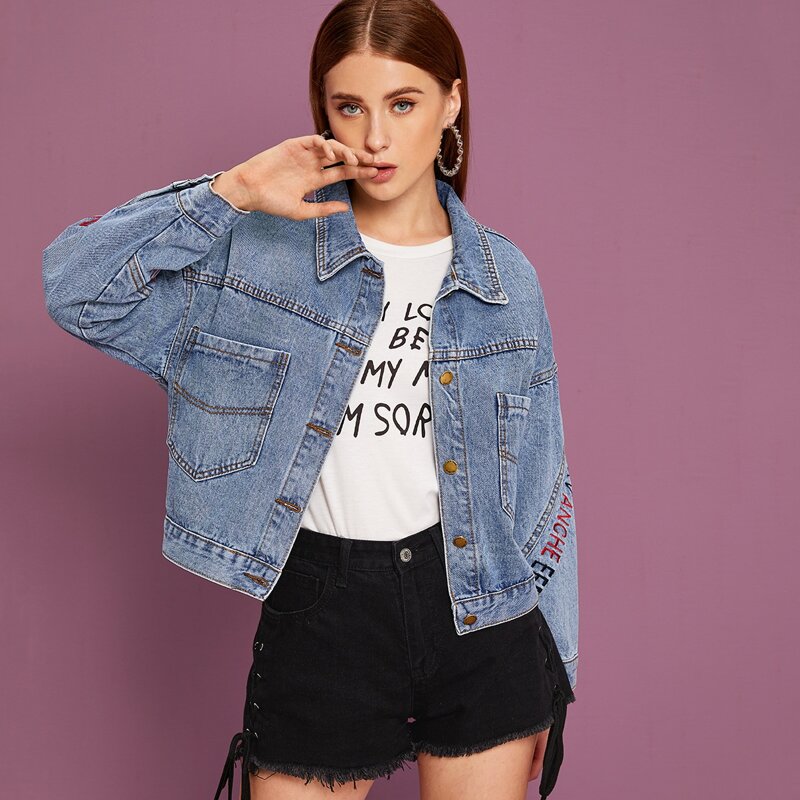 

Letter Embroidered Washed Denim Jacket, Blue