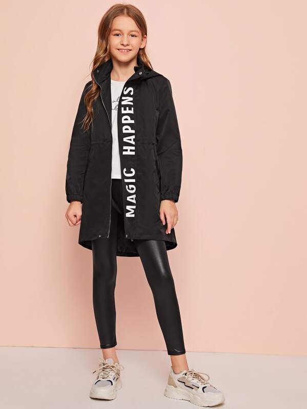 

Girls Slogan Graphic Hooded Coat, Black, Sashab