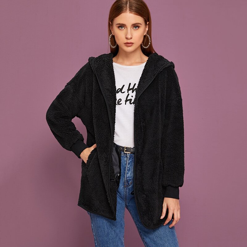 

Open Front Drop Shoulder Teddy Coat, Black