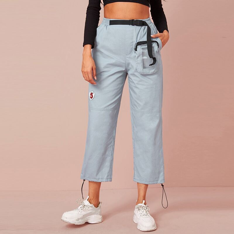 

Patched Zipper Pocket Drawstring Hem Cargo Pants, Blue pastel