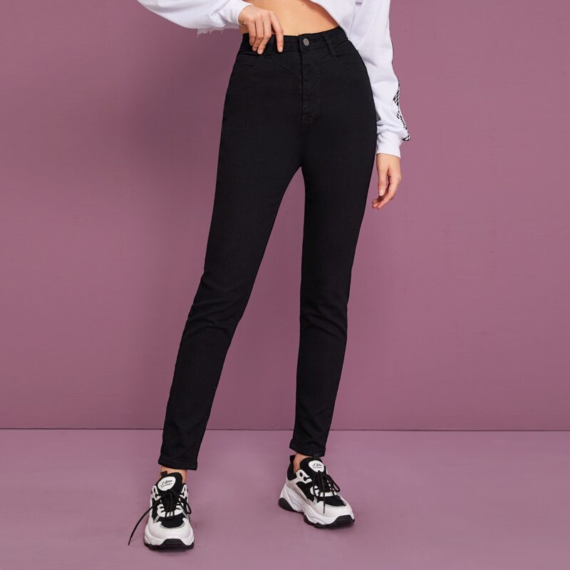 

High Waist Back Seam Black Jeans