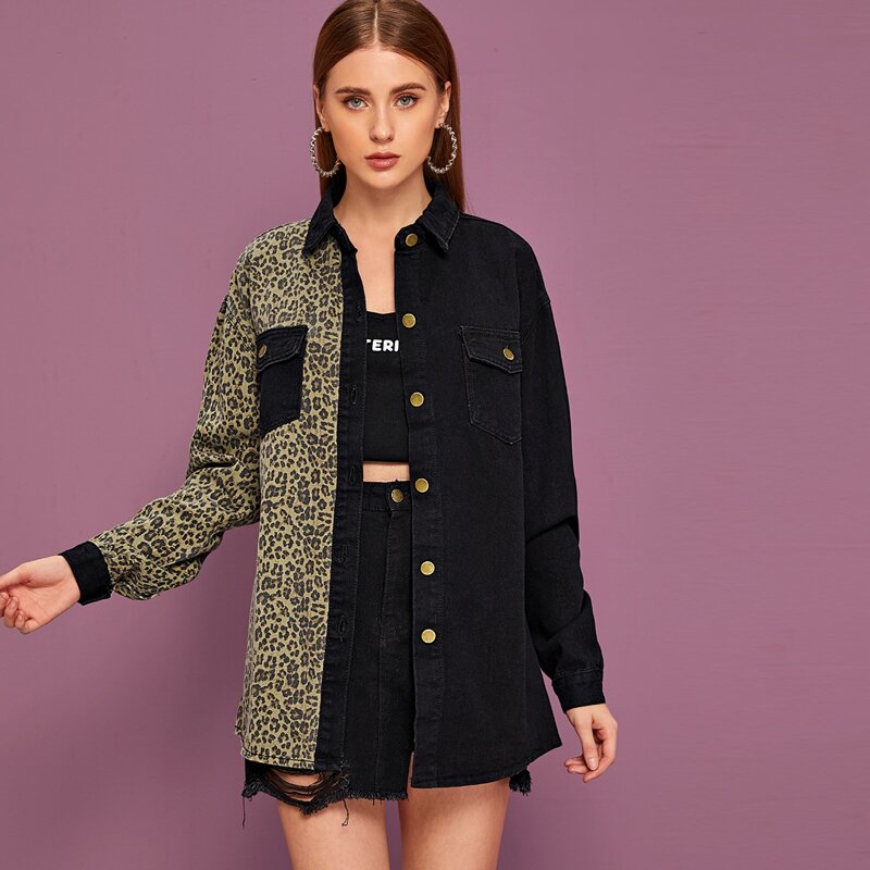 

Button Front Leopard Colorblock Denim Shirt, Multicolor