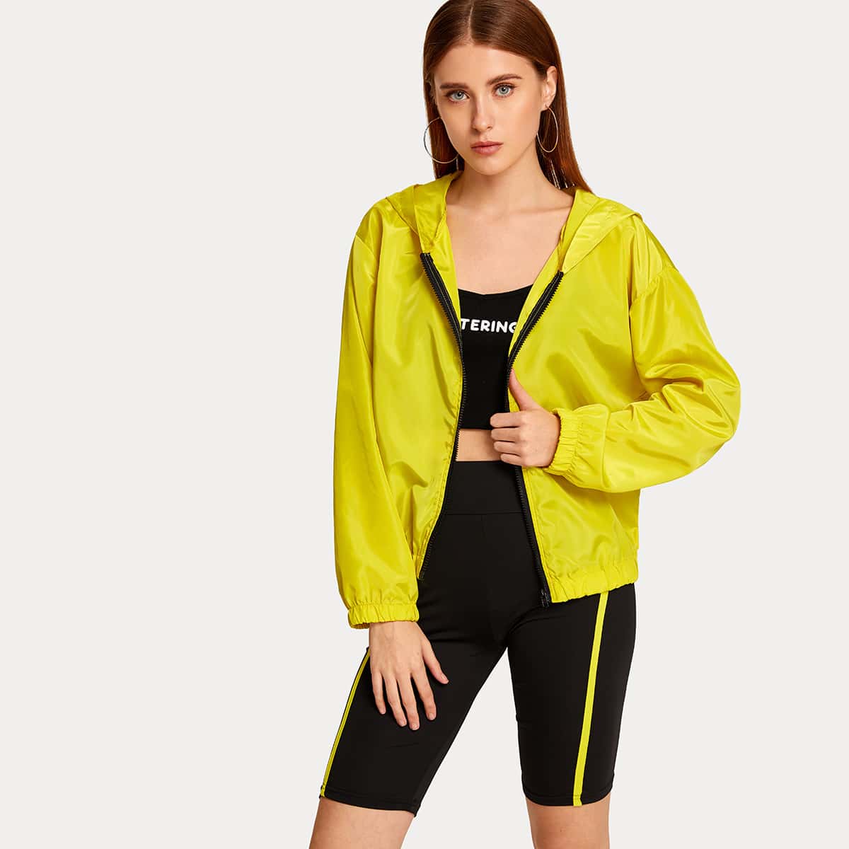 

Zip-up Hooded Windbreaker Jacket & Cycling Shorts, Yellow