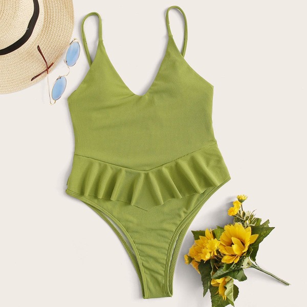 

Rib Ruffle Trim One Piece Swimwear, Green