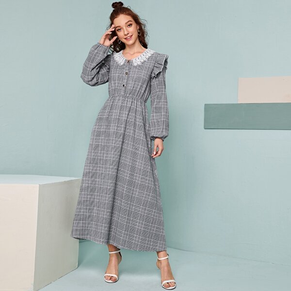 

Plaid Ruffle Trim Contrast Lace Shirt Dress, Grey
