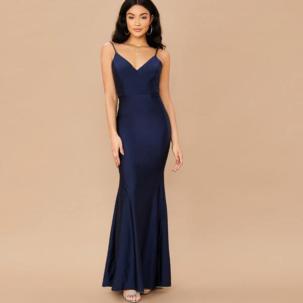 

Open Back Ruched Detail Mermaid Slip Dress, Navy