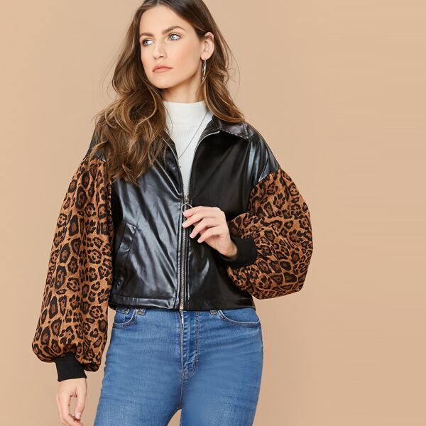 

Drop Shoulder Leopard Lantern Sleeve Zipper Front PU Jacket, Black