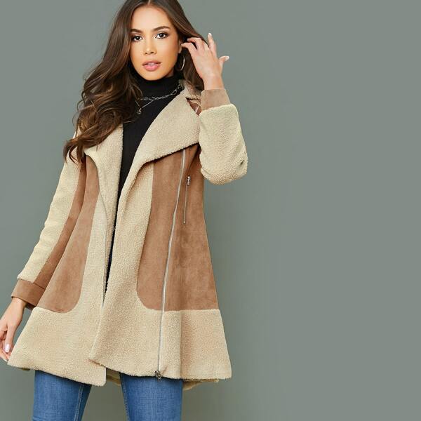 

Zip Front Faux Shearling Swing Coat, Multicolor