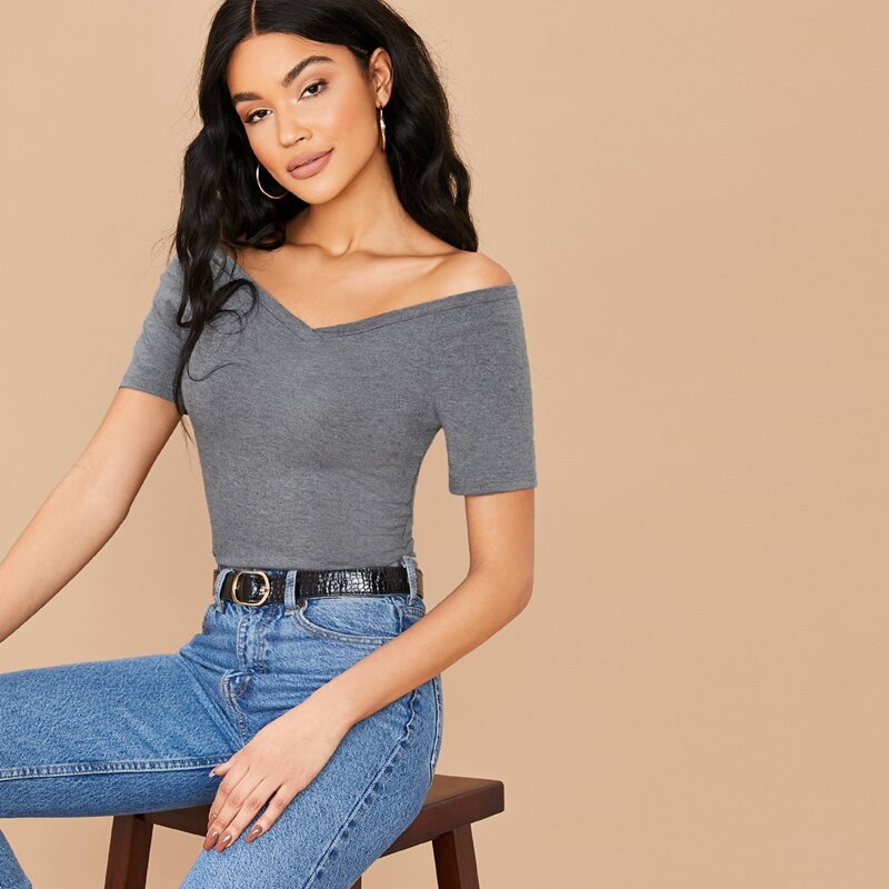 

Heathered Knit Off-the-Shoulder Top, Grey