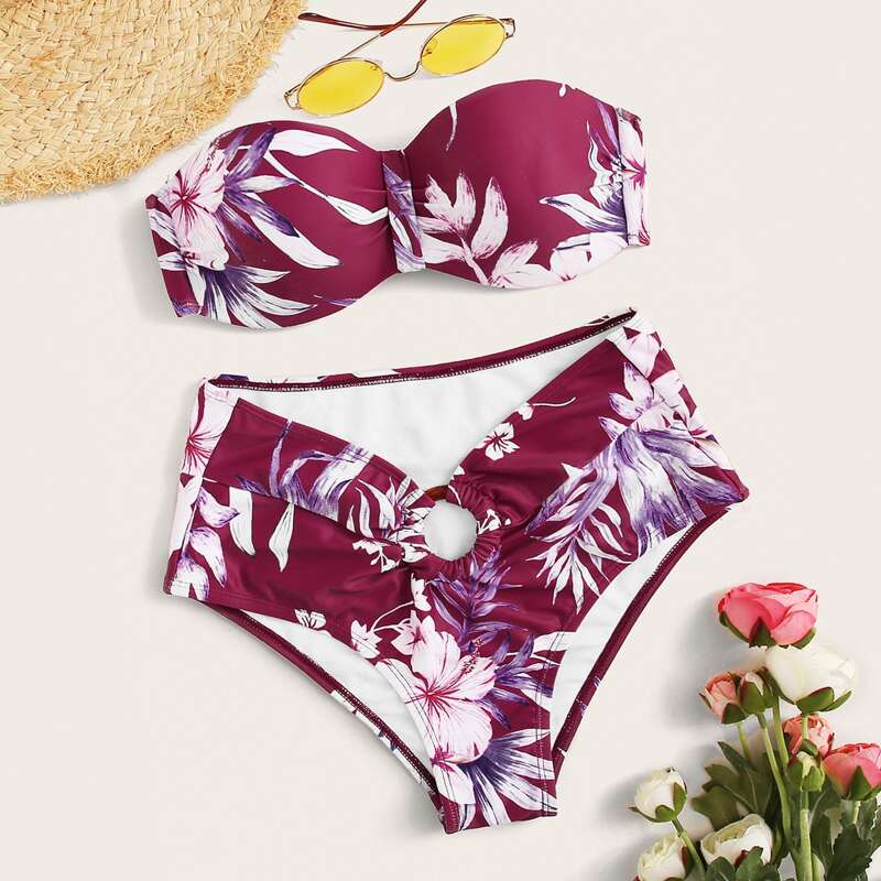 

Floral Random Print Underwire Bandeau With High Waist Bikini, Burgundy