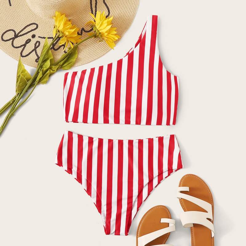 

Striped One Shoulder Bikini Set, Red