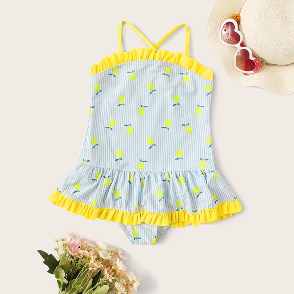 

Girls Lemon Print Frill Trim Peplum One Piece Swimwear, Blue